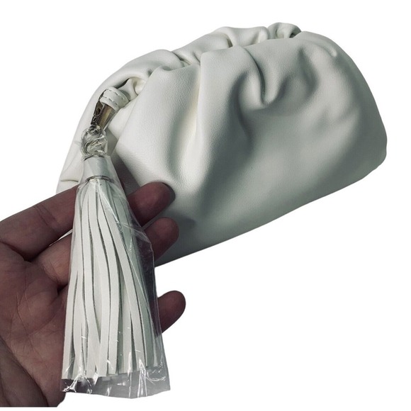 Understated Leather Vegan Crescent Clutch Fringe Handbag Ivory Dustbag NWOT $110 - Picture 5 of 10